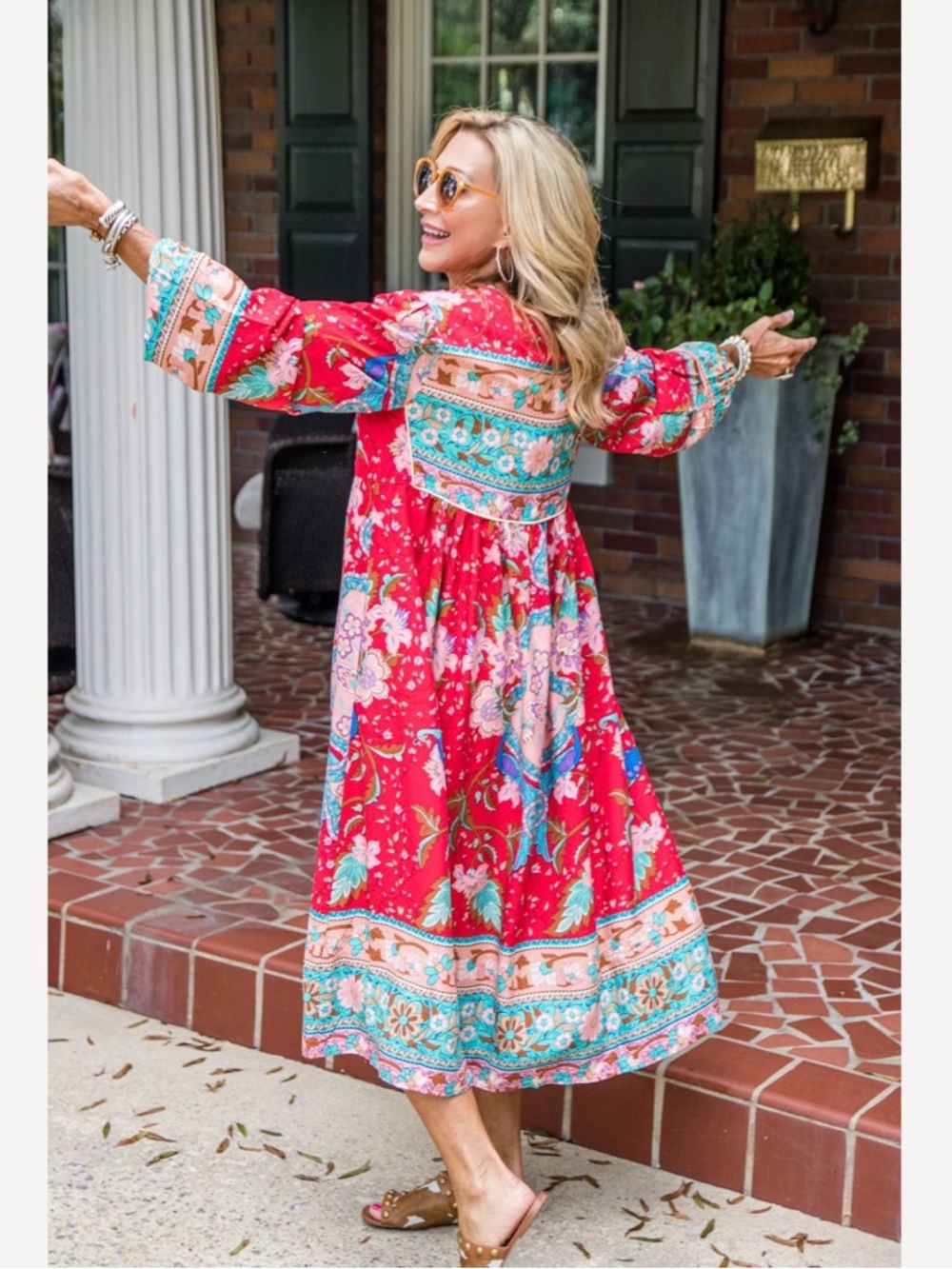 Red Floral Boho Maxi Dress with Tassel Tie Medium 8/10 - Picture 2 of 4